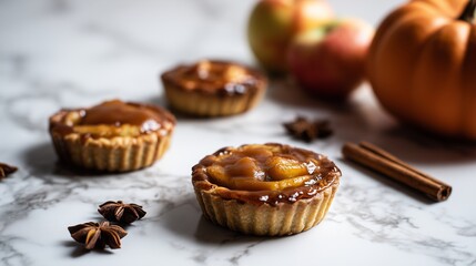 Close-up of mini caramel apple tartlets decorated with cinnamon sticks and star anise, autumn dessert concept, selective focus, marble background, warm cozy atmosphere.