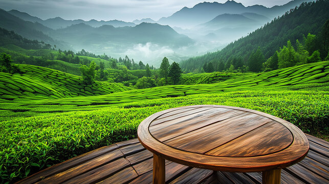 Wooden tea-leaf drying table with a tea mountain as the background