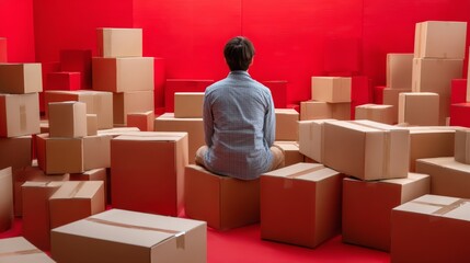 Man sitting on red floor surrounded by many cardboard boxes for logistics warehouse shipping packaging concept business presentation