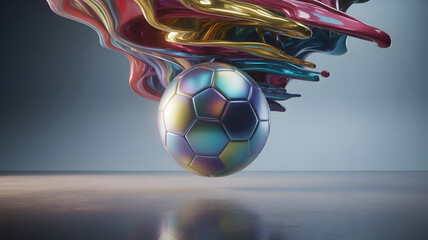 A dynamic soccer ball with colorful abstract splashes and fluid motion. A concept representing the energy, passion, and creativity of the sport, great for event promotion.