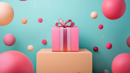 Floating gift box with pink background and 3D spheres for celebration birthday concept product display modern promotional design
