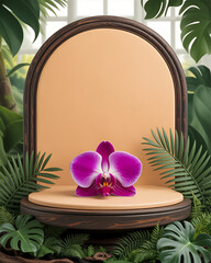 Orchid bloom on display amidst lush tropical greenery and natural light
