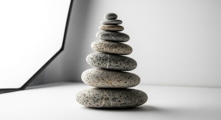 Obraz premium Balanced stack of smooth rocks, lit softly, against plain white background