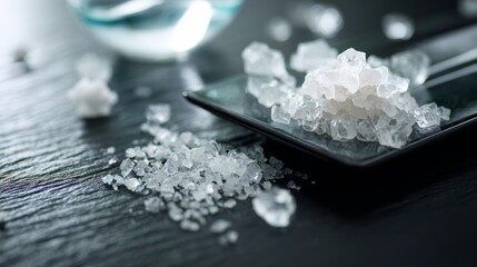 Closeup salt crystals on black spoon and surface for ingredient texture food photography concept culinary mineral white crystal detail presentation