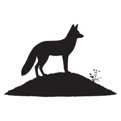 Silhouette illustration of a fox standing on a small grassy hill, shown in side profile with its tail extended and body poised in alert stillness. 