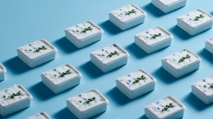 Blue pastel soap bars with small flower decoration for skincare product packaging design clean hygiene beauty photography bath aesthetic background