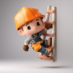 A cute cartoon construction worker with a yellow helmet and tool belt climbs a wooden ladder against a plain background.