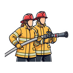 Firefighters on Duty: A duo of dedicated firefighters, clad in protective gear and helmets, work together to combat flames, holding a powerful water hose, symbolizing courage and duty.
