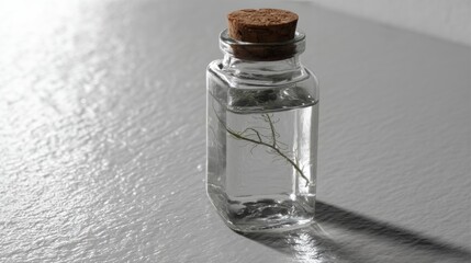 Single transparent jar with root specimen and reflection on white background for science botanical minimalist product design lab photography
