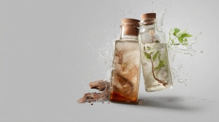 Botanical liquid in glass jars with splash effect on white background for natural product skincare concept beverage advertising photography