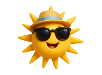 A cheerful cartoon sun wearing sunglasses and a straw hat smiling happily with its mouth open isolated on transparent background