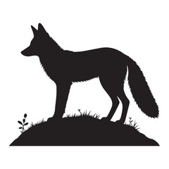 Silhouette illustration of a fox standing on a small grassy hill, shown in side profile with its tail extended and body poised in alert stillness. 