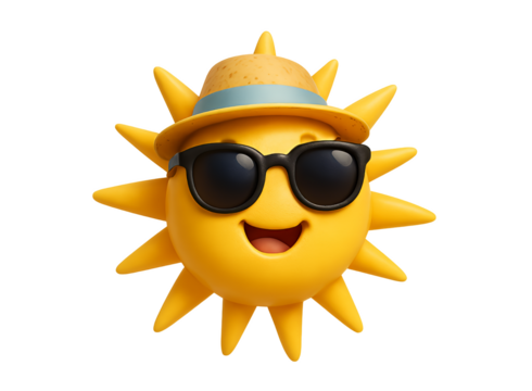 A cheerful cartoon sun wearing sunglasses and a straw hat smiling happily with its mouth open isolated on transparent background - Powered by Adobe