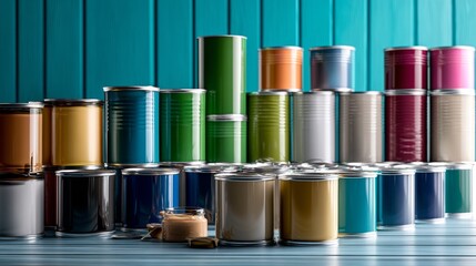 Colorful paint cans aligned on turquoise wall in store for construction renovation product branding advertising packaging design background