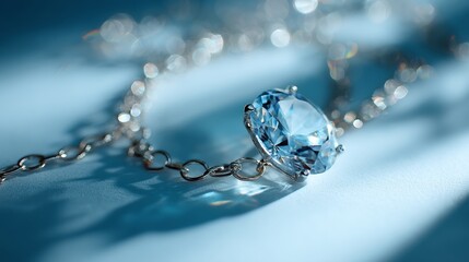 Closeup of silver necklace with blue gemstone for luxury jewelry advertising fashion accessory elegant product display branding background