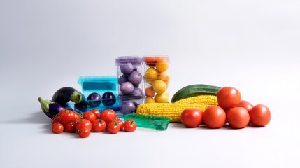 Fresh fruits and vegetables arranged by color with white background for healthy food concept nutrition organic produce photography display