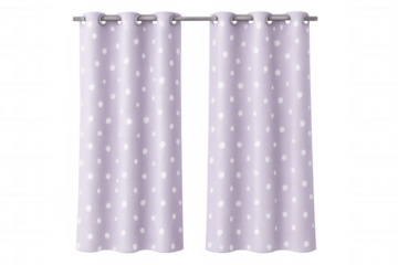Lavender drapery decorated with white polka dots suspended from sleek metallic curtain rod, isolated on transparent backdrop