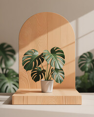 Monstera plant displayed on a wooden pedestal with arch backdrop and sunlight