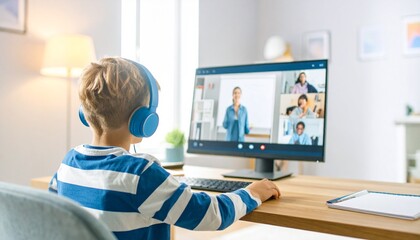 Young boy learning online with teacher and students during video call in modern bright room