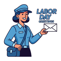 Happy Labor Day Greetings from a Mail Carrier: A warm and cheerful mail carrier in a crisp blue uniform, extends an invitation with an envelope, celebrating Labor Day.