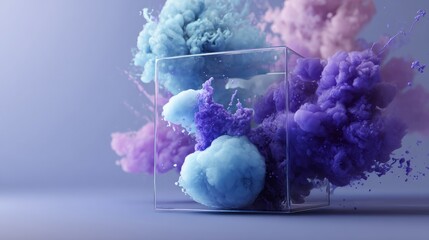 Colorful clouds of pigment suspended in glass cube for abstract concept art modern photography creative design dramatic vibrant composition
