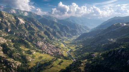 Fototapeta premium Exploring the Hidden Charm of a Distant Village: A Picturesque Journey Through Valleys, Nature's Splendor, and Timeless Serenity
