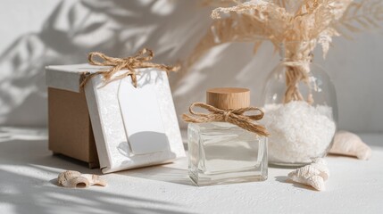 Gift box perfume bottle and white decor with soft light for elegant beauty spa presentation branding product packaging design photography
