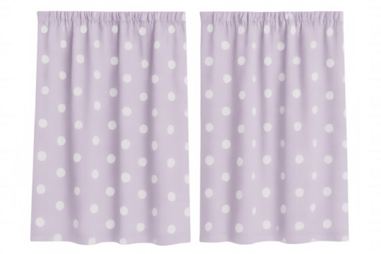 Purple curtains with white polka dots hanging on a transparent background, perfect for interior design projects