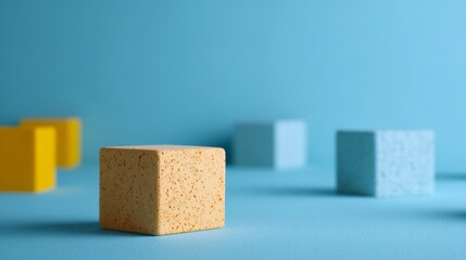 Colorful minimalist cubes arranged on blue background for abstract design branding creative modern product packaging concept display