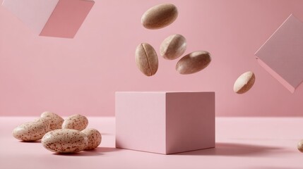 Almonds falling on pink background with geometry for healthy food organic snack branding concept clean composition minimal product