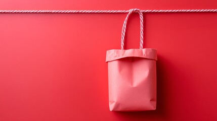 Pink shopping bag hanging on red background for retail ecommerce fashion branding modern product packaging advertising concept photography