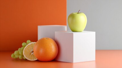 Fruits placed on geometric white orange background for diet nutrition health concept organic product food photography design display