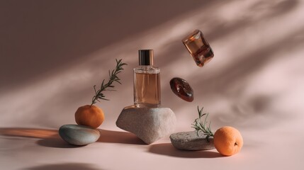 Natural perfume bottle with herbs and fruits on pink background for organic skincare wellness fragrance product branding design layout