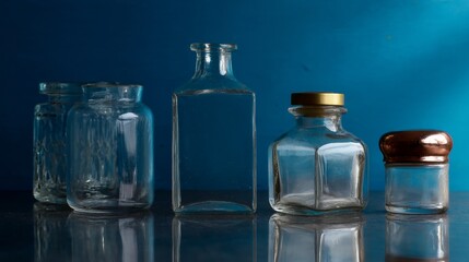 Glass vintage bottles arranged on deep blue background for apothecary antique product branding design classic composition medical pharmacy