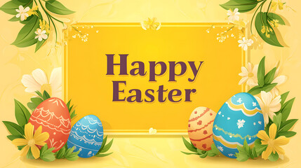 A vibrant and festive "Happy Easter" graphic with colorful eggs and spring flowers.