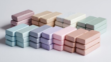 Colorful stacked soap bars arranged in lines on pastel background for clean skincare hygiene natural product packaging design branding