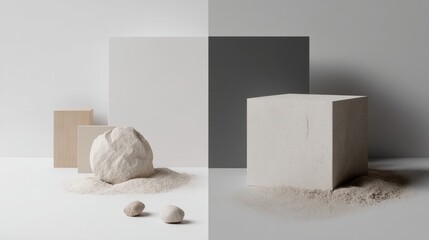 White abstract blocks and rock arranged on light background for minimalist geometric design clean product branding visual photography