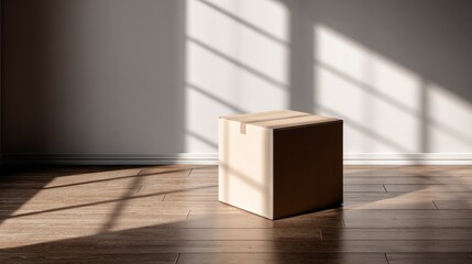 Single wooden cube in sunlight shadow composition for modern abstract branding minimalist display mockup clean background geometric photography