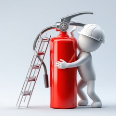 Obraz premium A 3D character wearing a hard hat hugs a large red fire extinguisher next to a metal ladder against a plain light background.