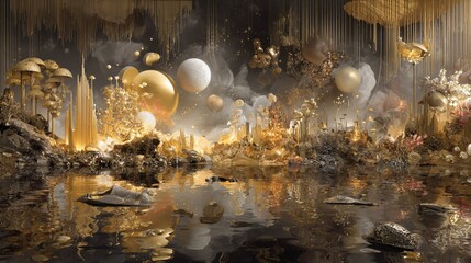 Obraz premium An ethereal, dreamlike landscape with shimmering gold and floating orbs above reflective water