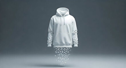 A pristine white hoodie floats dissolving into a cascade of bird-like particles against a serene grey backdrop suggesting a magical disappearance or transformation. Ideal for conceptual art or fashion