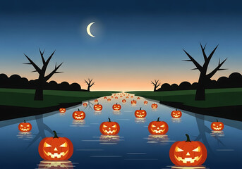 A river filled with jack o lanterns under a crescent moon during a halloween night scene cartoon style