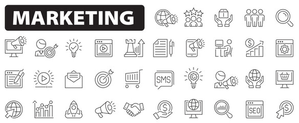 Marketing icon set. Strategy, target audience, market research, data analysis, audience segmentation, management, seo, target, analytics and more. Editable stroke