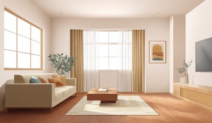 Fototapeta premium Light-filled living room, neutral tones, modern design