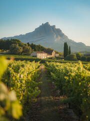 Vineyard landscape with majestic mountain and rustic farmhouse under a clear blue sky