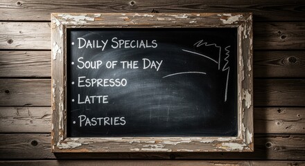 Blackboard menu listing specials hangs on weathered wood background