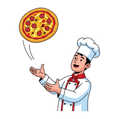 Master Chef and Pizza: A master chef in a pristine uniform expertly tosses a delectable pizza pie into the air, showcasing skill and culinary flair.