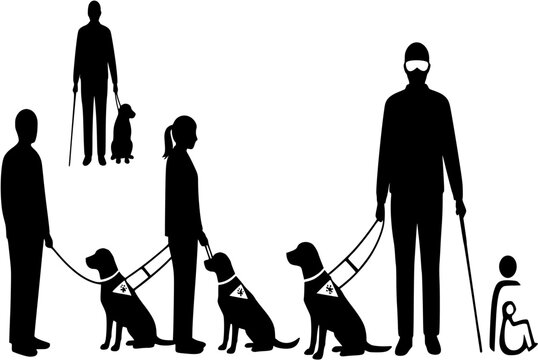 Black silhouette of Blind person with a disability walking guide dog, isolated on white background, graphic illustration. concept of assistance, inclusivity, service animals, independence