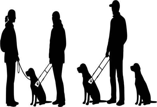 Black silhouette of Blind person with a disability walking guide dog, isolated on white background, graphic illustration. concept of assistance, inclusivity, service animals, independence