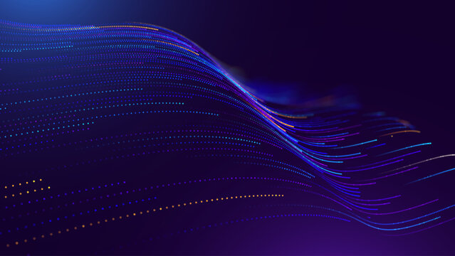 Cyber Big Data Flow Particles Bokeh. Digital Neural Network. Concept of AI Artificial Intelligence Technology Machine Deep Learning. Digital Communication. Science Technology Presentation Vector.